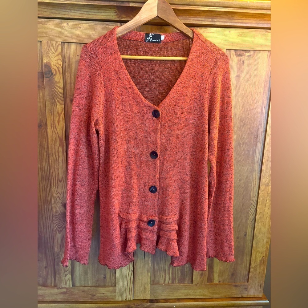 FENINI Designer Burnt Orange Textured Knit Cardigan • Artful Layering•Fits M–XL - Picture 3 of 17
